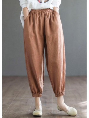 Orange Loose Cotton Pants Pockets Summer