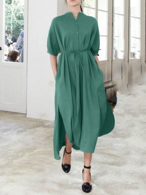 Solid Color Half Sleeve V  neck Knotted Shirt Dress