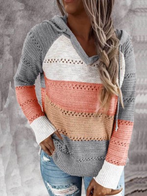 Women Autumn Stripe Print V  neck Hooded Daily Casual Knitted Sweater