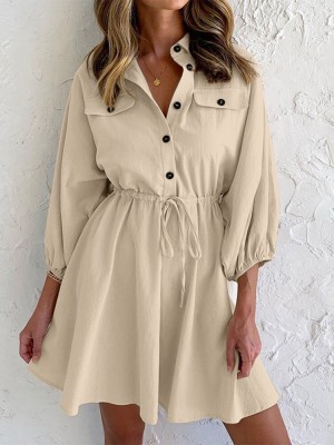 Solid Drawstring Button Lapel 3 4 Sleeve Shirt Dress