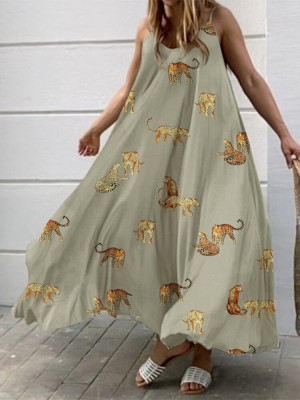 Animal Print Adjustable Strap Backless Loose Swing Maxi Dress