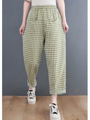 Plus Size Green Plaid elastic waist Plaid Linen Pants Spring