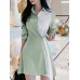 Contrast Color Irregular Button Lapel 3 4 Sleeve Shirt Dress