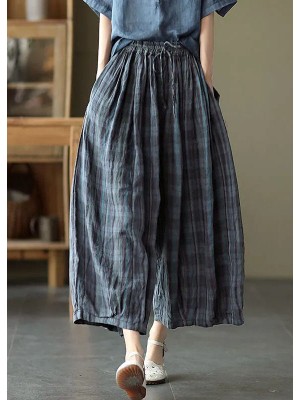Plus Size Blue elastic waist Plaid Cotton Pants Spring
