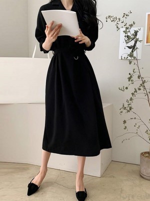 Solid Belt Button Lapel Long Sleeve Casual Shirt Dress