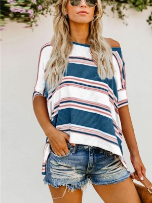 Stripe Contrast Color Oblique Collar Irregular Hem Blouse