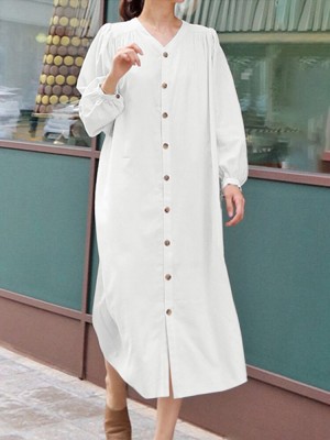 Solid Belt Button Long Sleeve V  neck Casual Shirt Dress