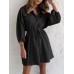 Solid Drawstring Button Lapel 3 4 Sleeve Shirt Dress