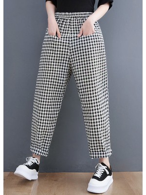 Vintage Black Plaid Pockets Harem Pants Spring